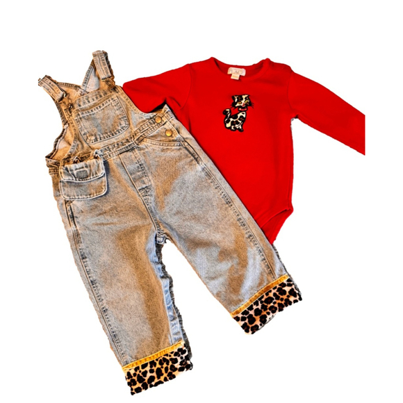 The Children's Place Other - Children’s place denim overalls with leopard cuffs Red bodysuit with leopard cat